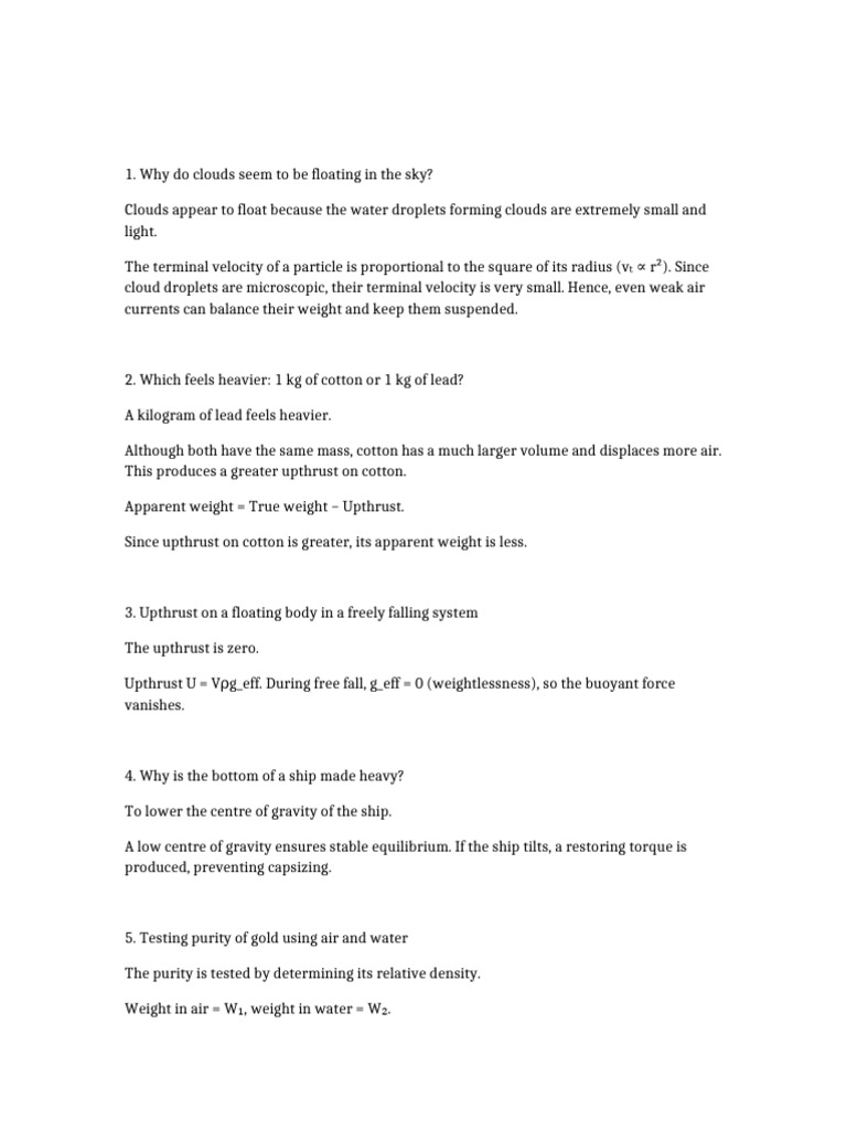 Buoyancy_and_Floatation_Short_Answers-1 | PDF | Buoyancy | Density