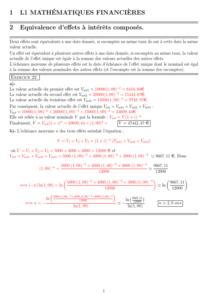 1 L1 Math Ematiques Financi' Eres 2 Equivalence D'effets ' A Int Er Ets ...