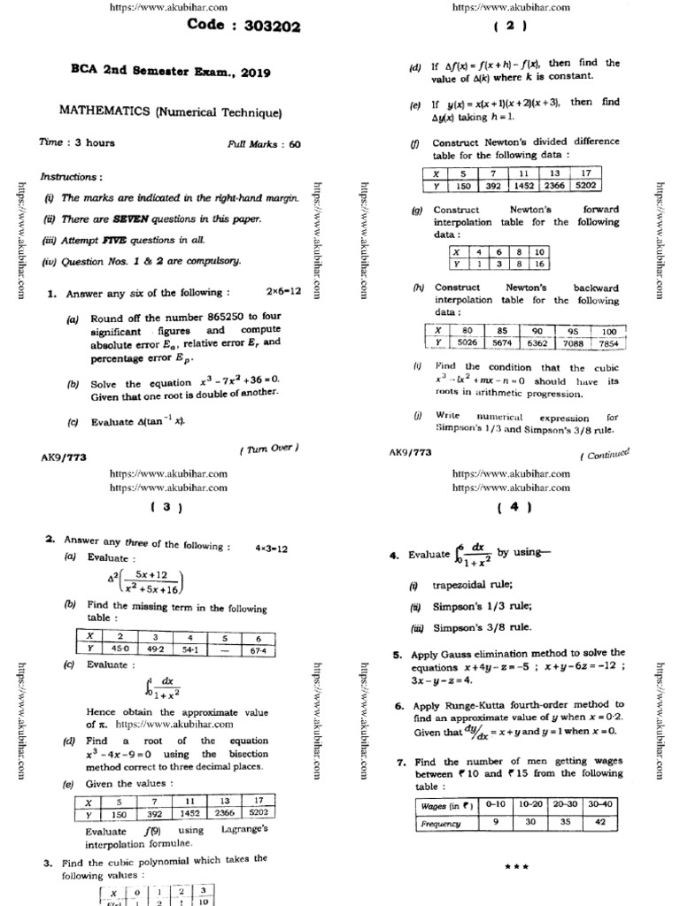 Bca 2 Sem Mathematics Numerical Technique 303202 2019 | PDF