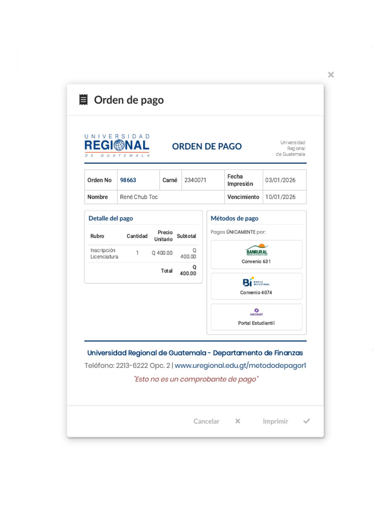 Orden de Pago Inscripción 2026 | PDF