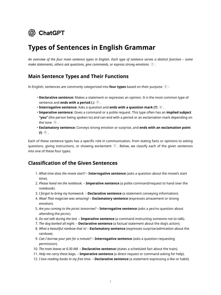 Types of Sentences in English Grammar | PDF | Sentence (Linguistics ...