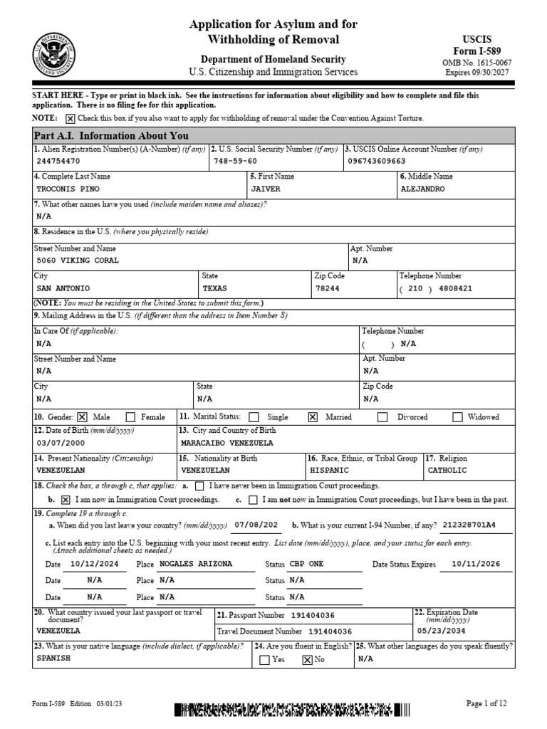 i589 Javier | PDF | Asylum In The United States | United States ...