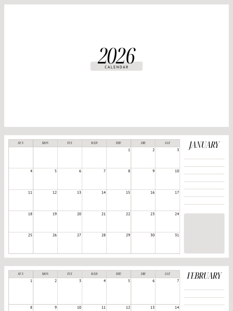 Black and White Simple Elegant 2026 Monthly Calendar | PDF