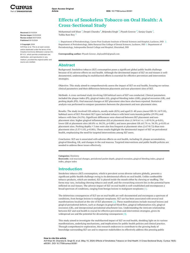 Effects of Smokeless Tobacco on Oral Health a Cros | PDF ...
