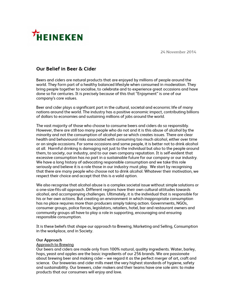 HEINEKEN Alcohol Statement | PDF | Brewing | Beer