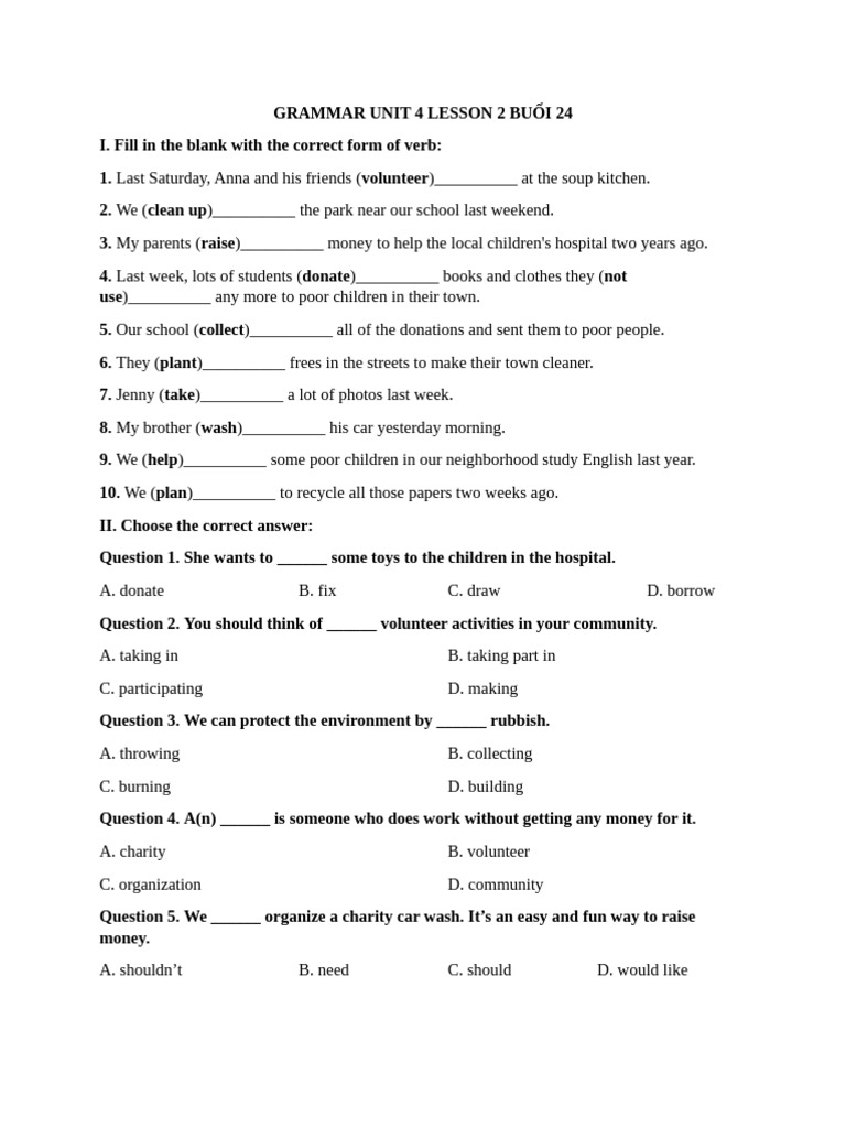 GRAMMAR UNIT 4 LESSON 2 BUỔI 24 | PDF