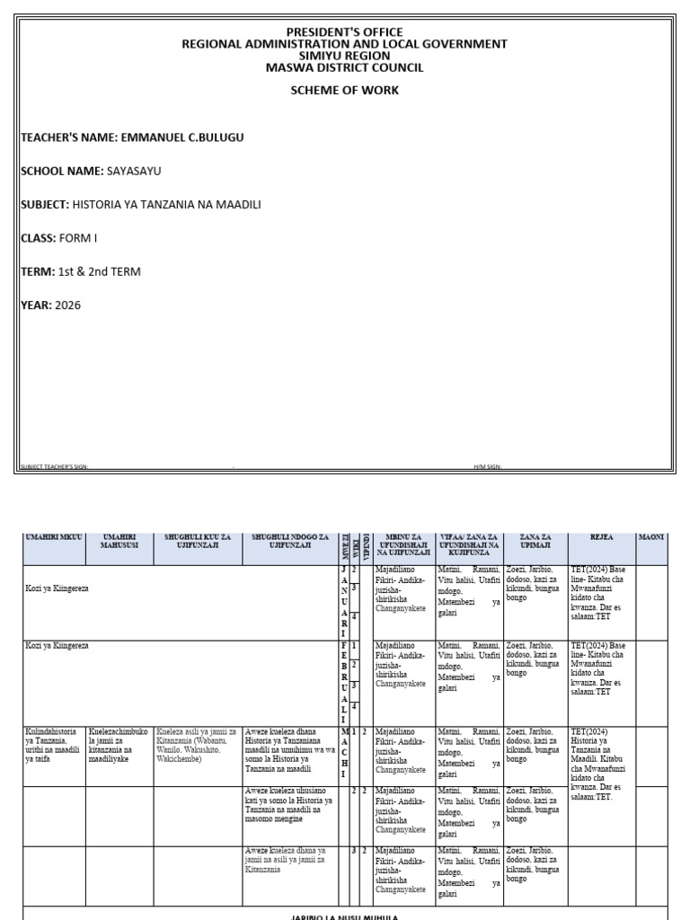 Scheme of Work 2026 Form I Historia Ya Tanzania Na Maadili | PDF