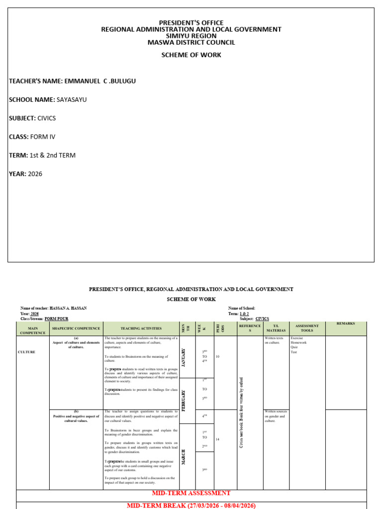 Scheme of Work 2026 Form IV Civics | PDF