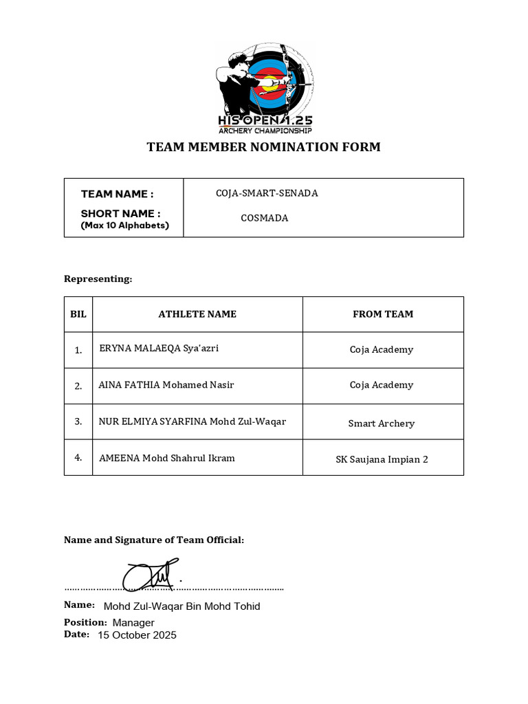 HIS 1.25 Archery Team Nomination Form - COSMADA | PDF
