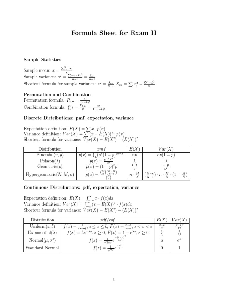 Statistic and Prob. Formula Sheet | PDF | Variance | Mathematical Analysis