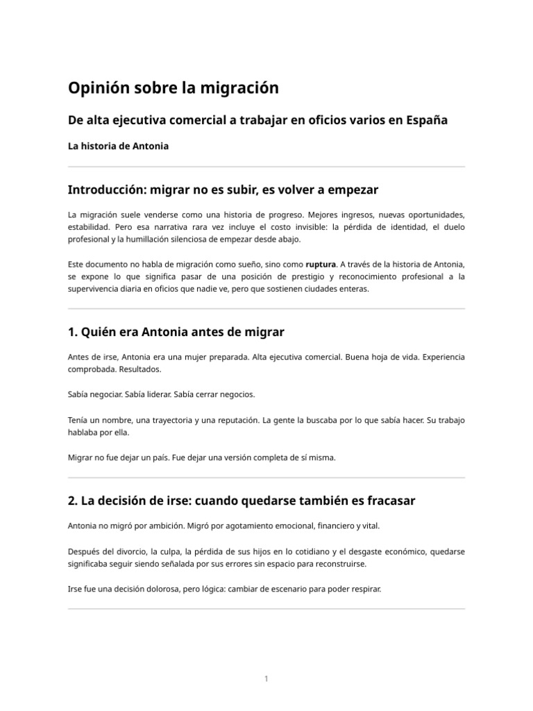 Opinión Sobre La Migración – La Historia de Antonia | PDF | Migración ...
