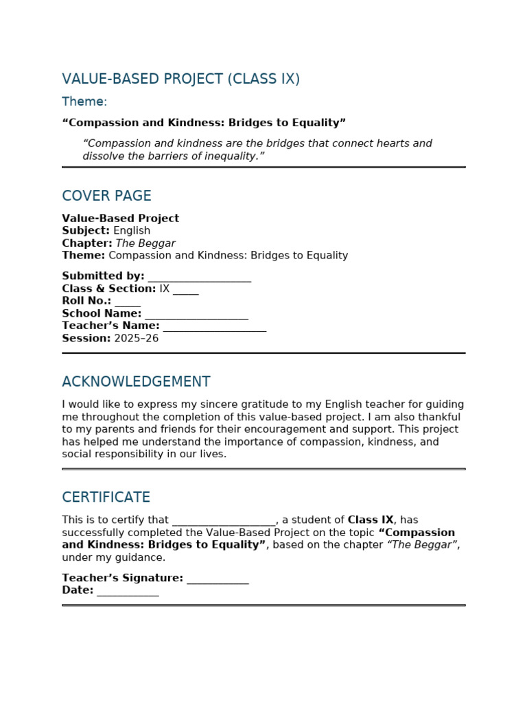 Class Ix Value-based Project – the Beggar | PDF | Compassion | Social ...