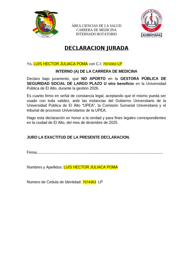 Declaracion Jurada 2026 | PDF