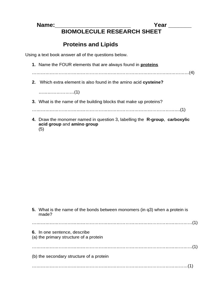 Protein and Lipid Worksheet | PDF