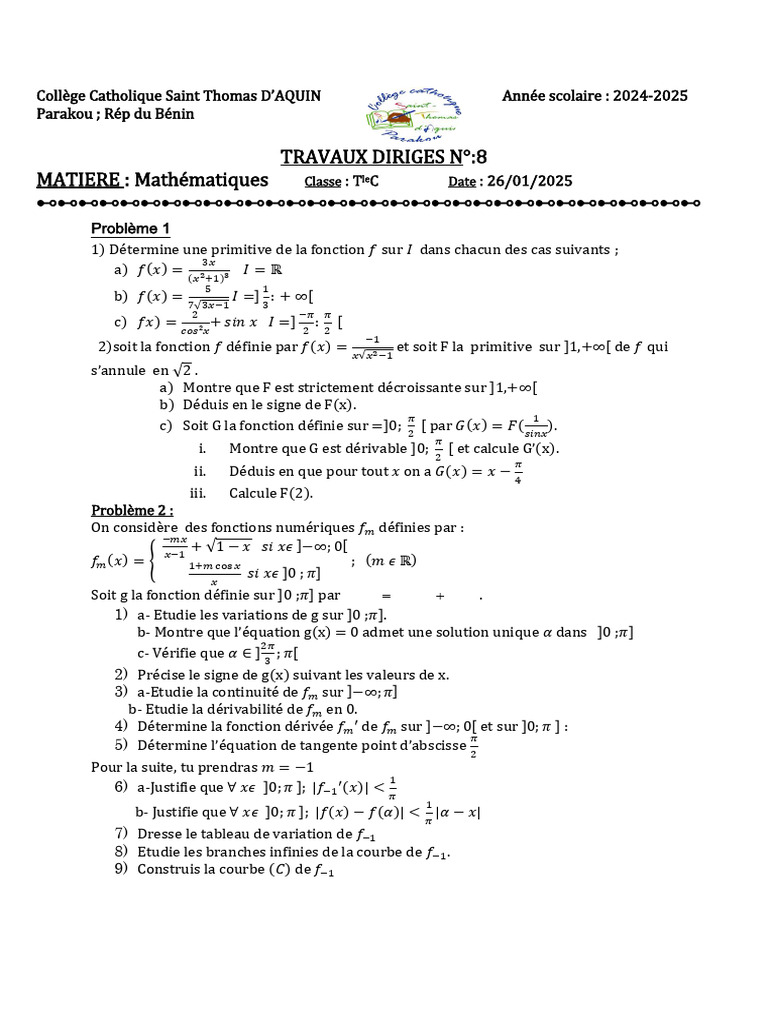 TD 8 Math Tle C | PDF | Fonction (Mathématiques) | Mathématiques ...