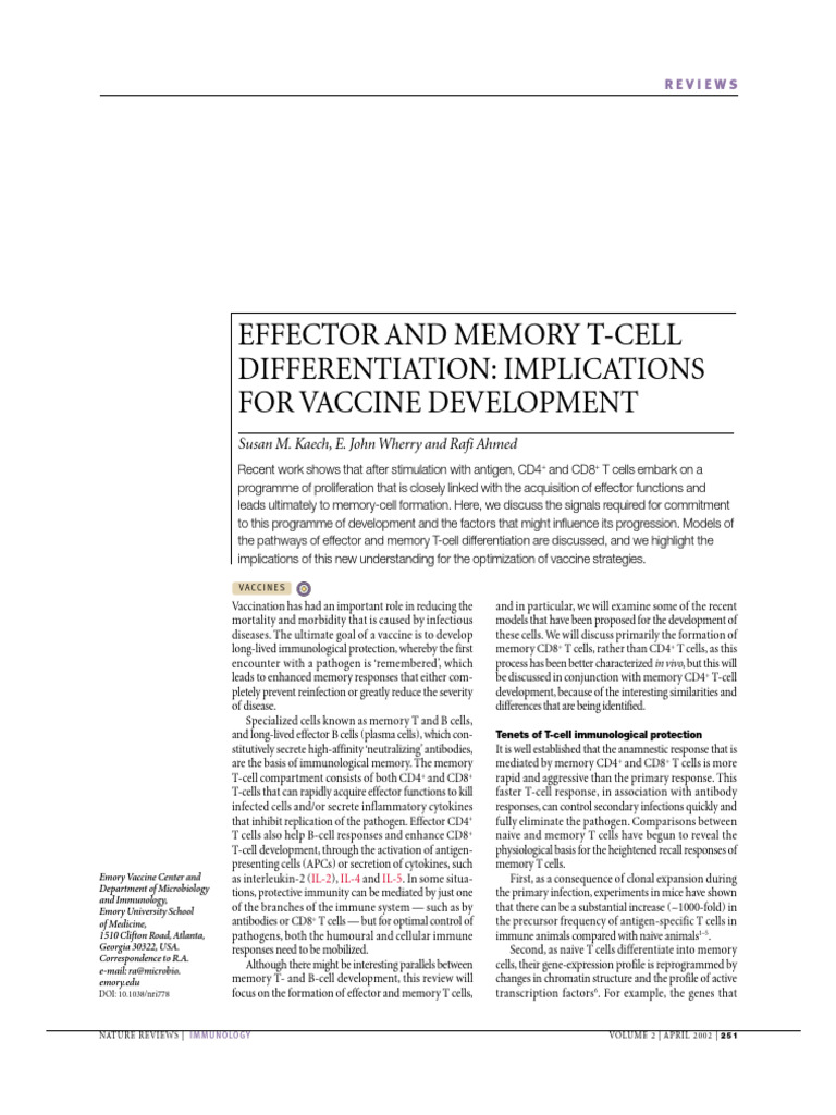 Effector and Memory T-cell | PDF | T Cell | T Helper Cell