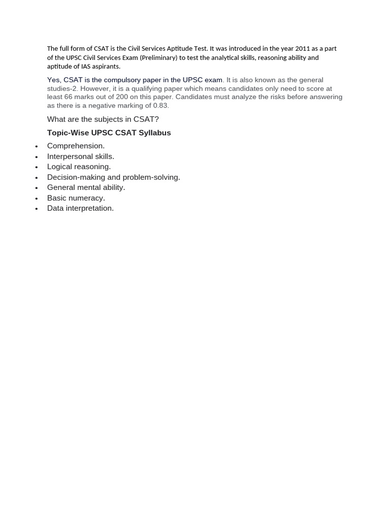 The Full Form of CSAT is the Civil Services Aptitude Test | PDF