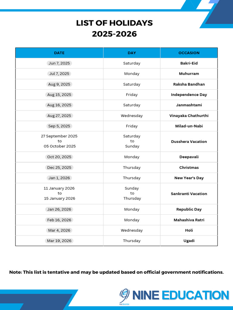 (9E) List of Holidays 2025-26 | PDF