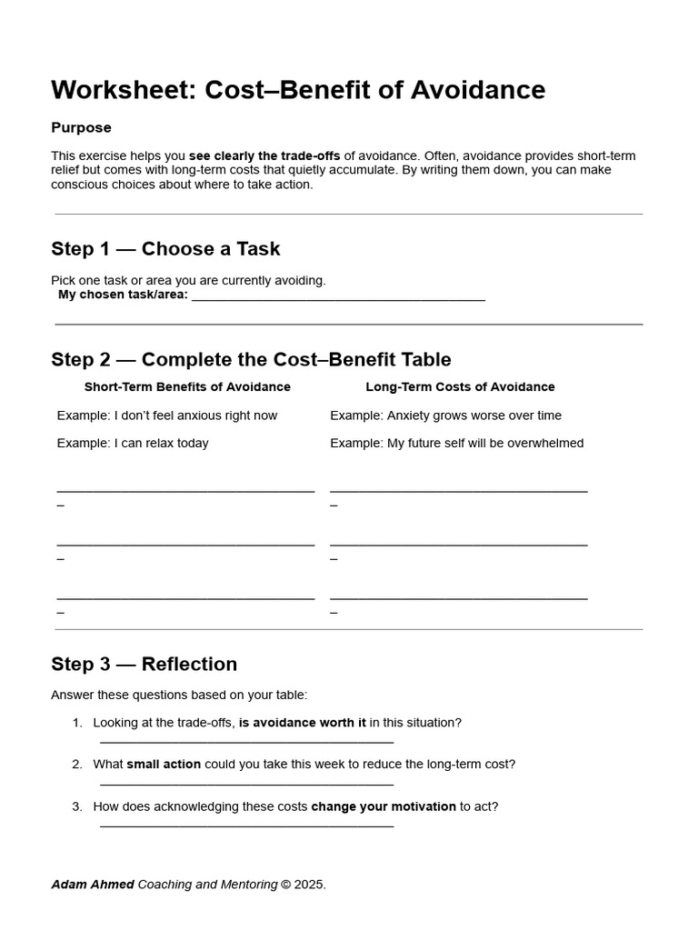 Worksheet - Cost-Benefit of Avoidance | PDF