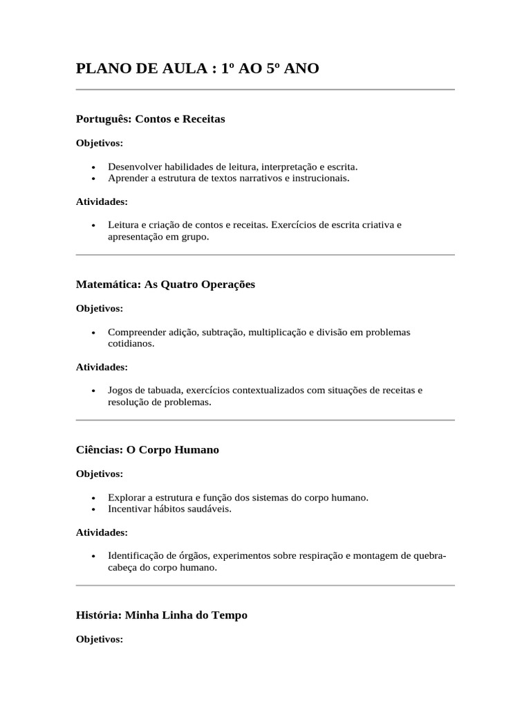 Plano de Aula Completo e Integrado | PDF | Tempo | Humano