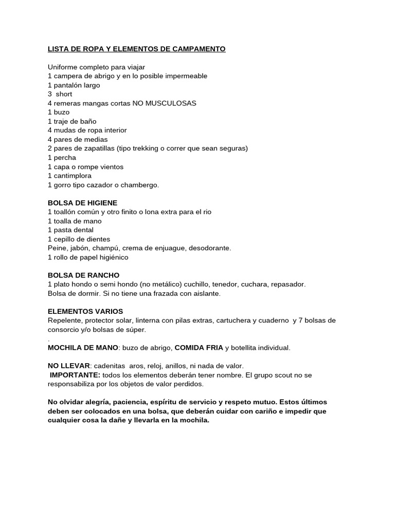 Lista de Ropa y Elementos de Campamento | PDF