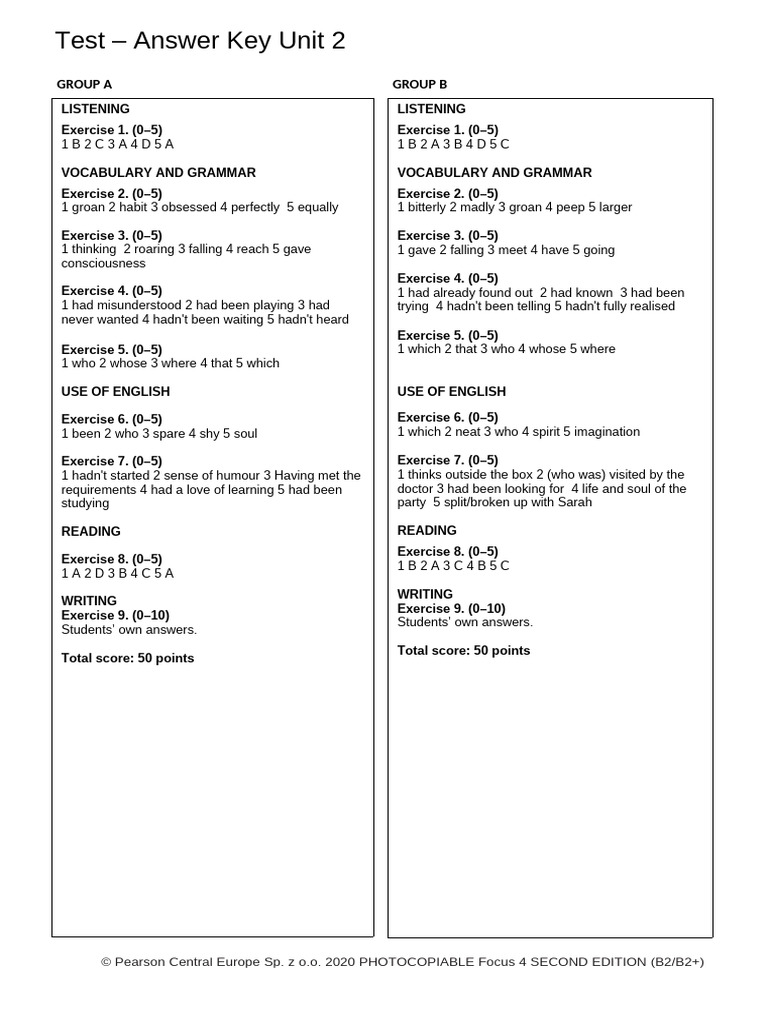 Focus4 2e Test Unit2 Answers | PDF