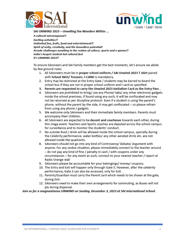 UNWIND GUIDELINES FOR STUDENTS 1.12.23 | PDF