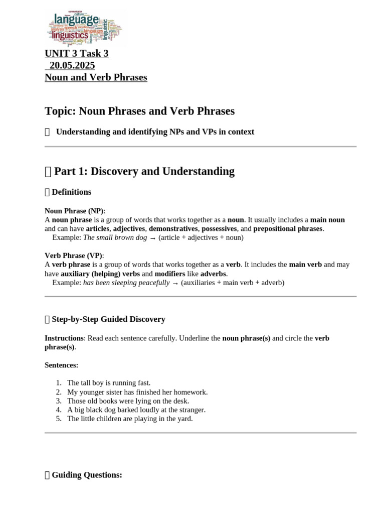 Ss Class Work 20.05.2025 NOUN AND VERB PHRASES | PDF | Phrase | Verb