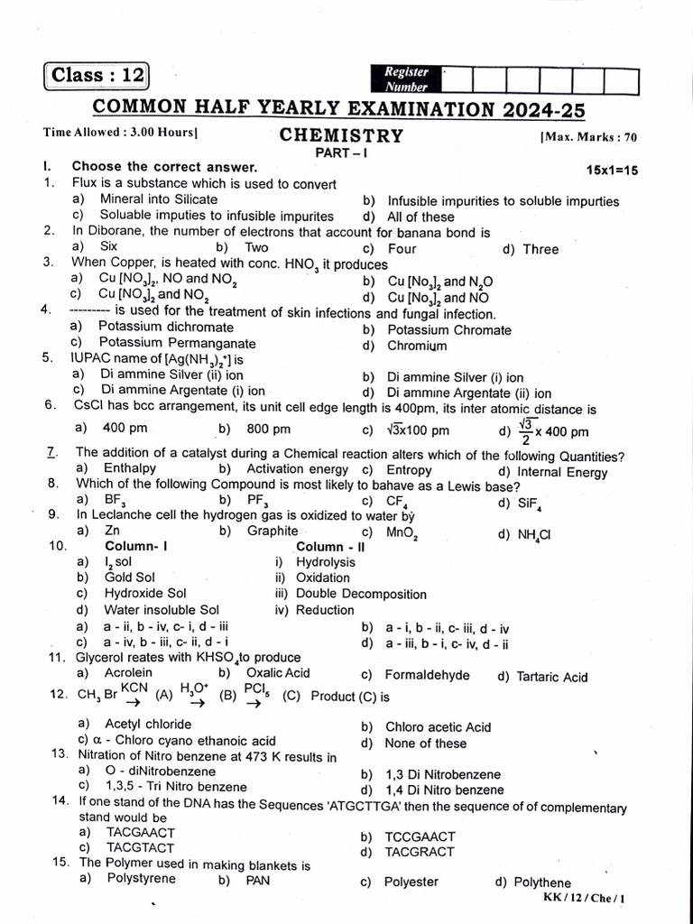 12th Chemistry Half Yearly Exam 2024 Original Question Paper ...