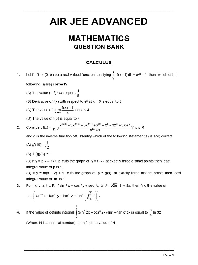Calculus Advanced Level Question Bank | PDF | Function (Mathematics ...
