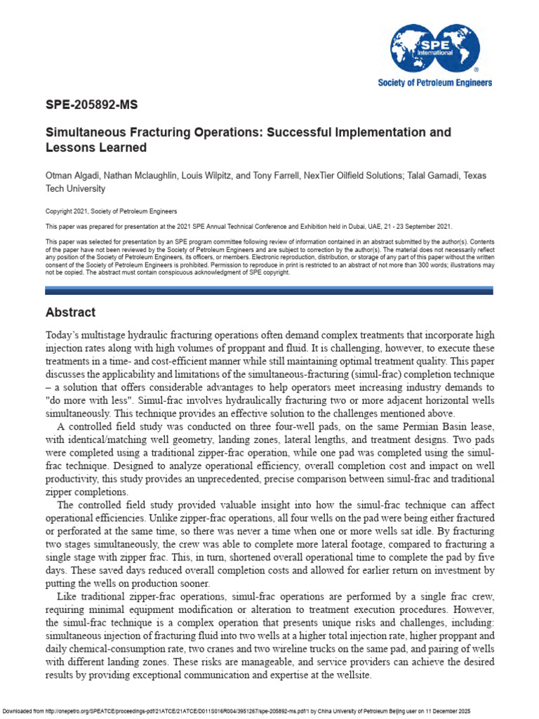 Simultaneous Fracturing Operations Successful Implementation and ...