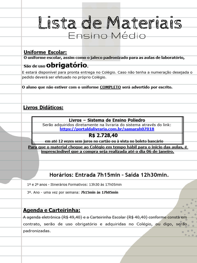 Lista de Material - Ensino Medio - 2023 | PDF