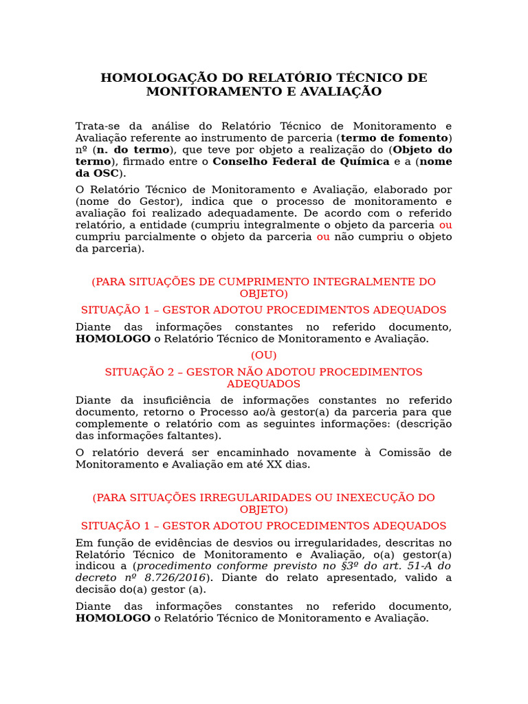 Homologação Do Relatório Técnico de Monitoramento e Avaliação | PDF