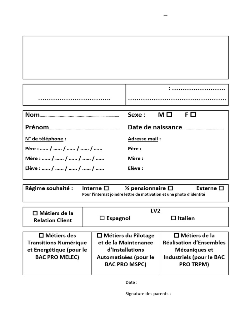 02 - 2025-26 - Seconde Pro Fiche Admission | PDF