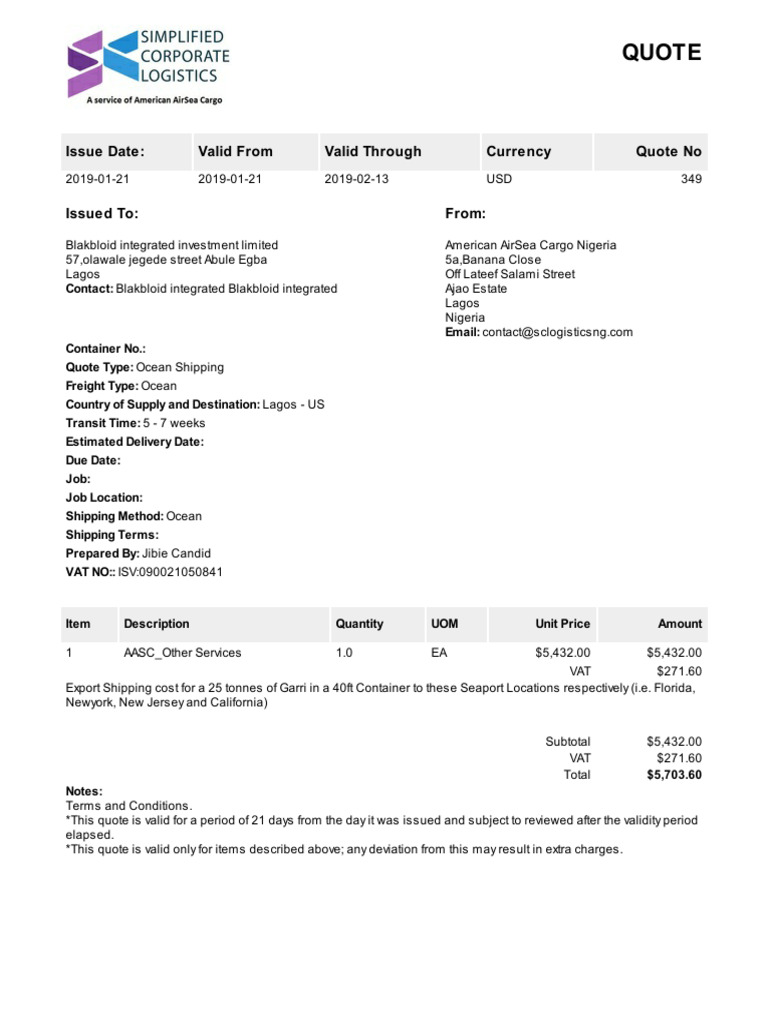 Blakbloid Integrated Investment Limited_Export Quote | PDF