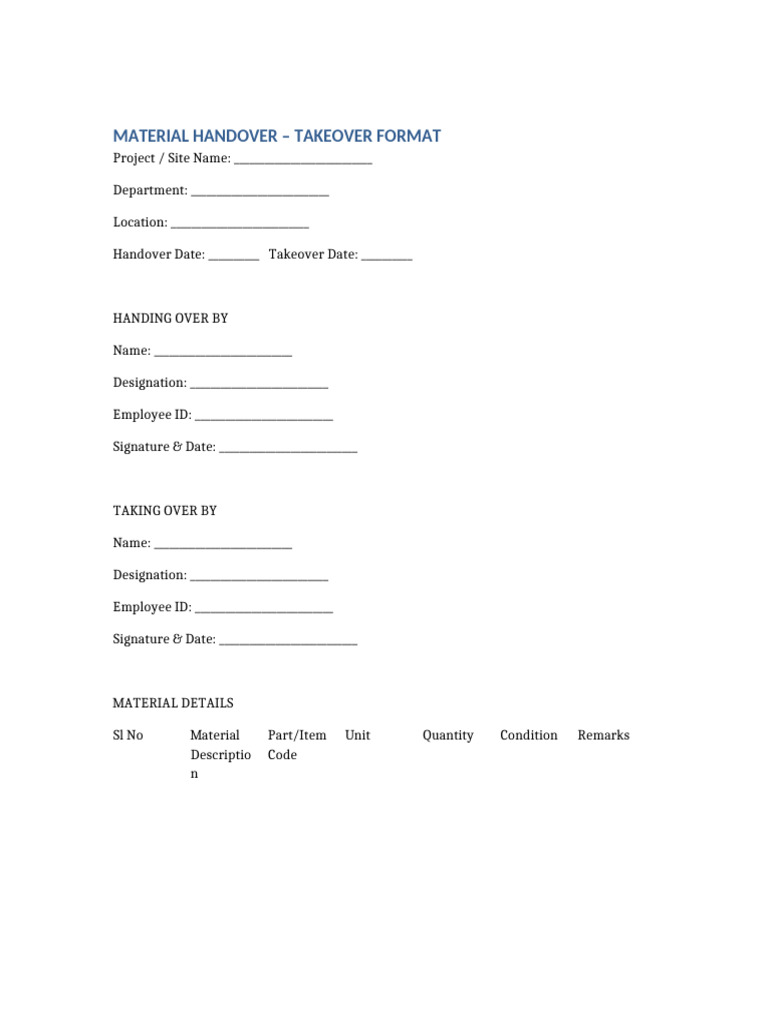 Material Handover Takeover | PDF
