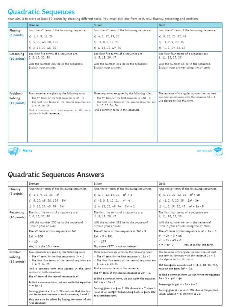 Quadratic Sequences Differentiated Activity Sheet | PDF | Abstract ...