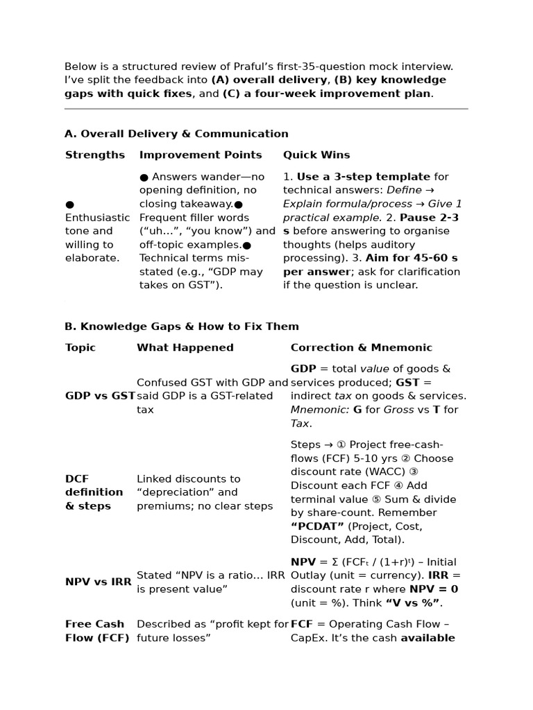 Mock Interview 1 Feedback | PDF | Net Present Value | Discounted Cash Flow