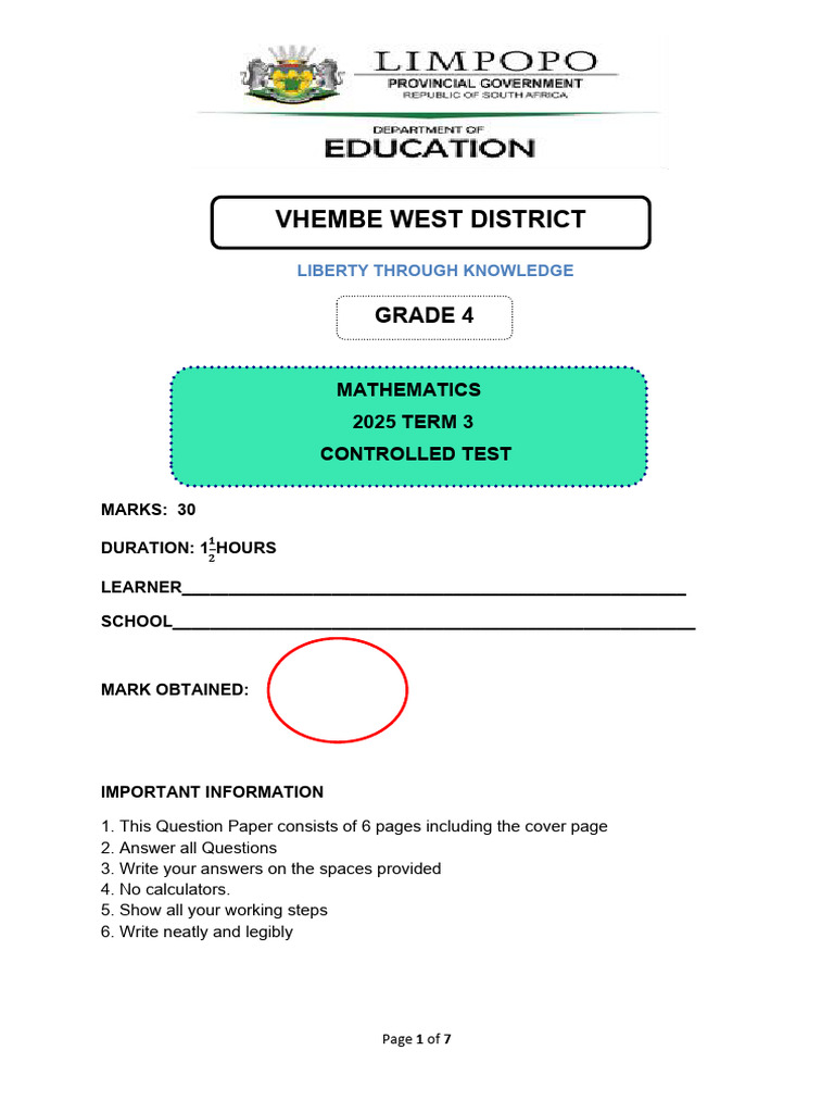 2025 Term 3 Math GR 4 Controlled Test | PDF | Mathematics