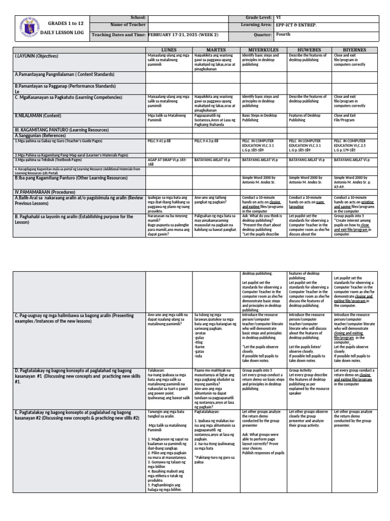 DLL Tle-Ict & Entrep 6 q4 w2 | PDF