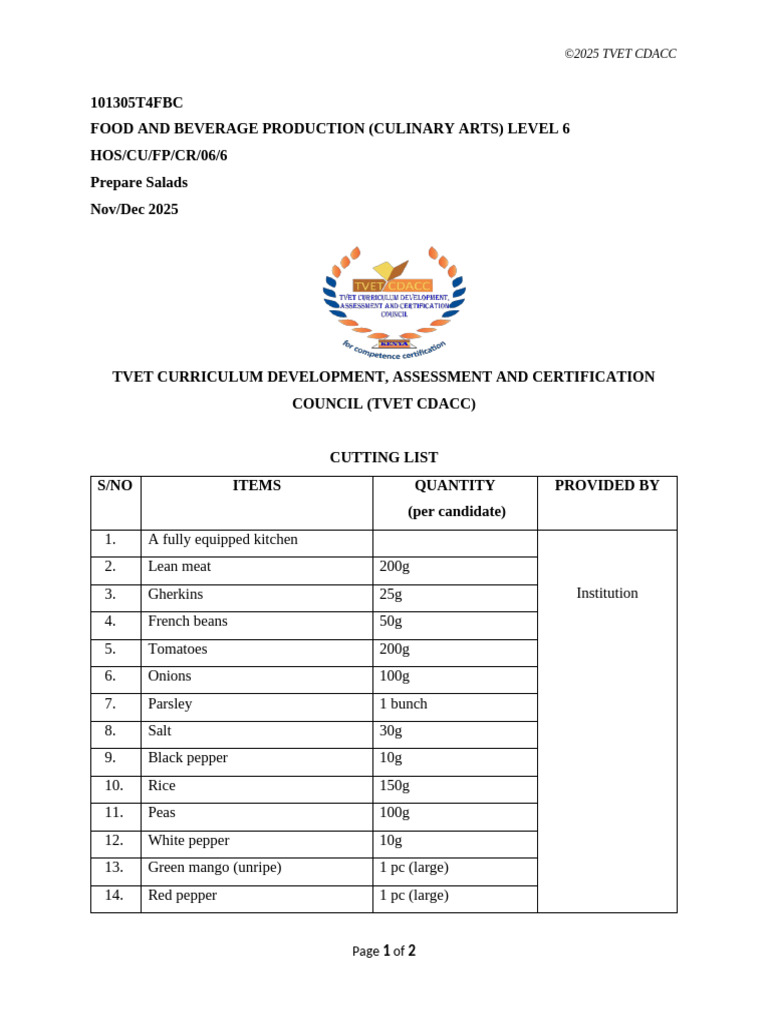 Cutting List Prepare Salads Level 6 | PDF