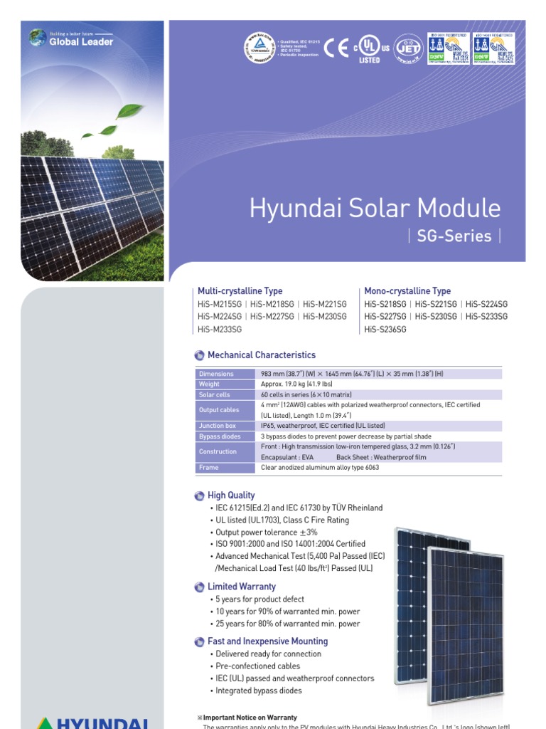 Hyundai Solar Module Specifications | PDF | Solar Panel | Electronics