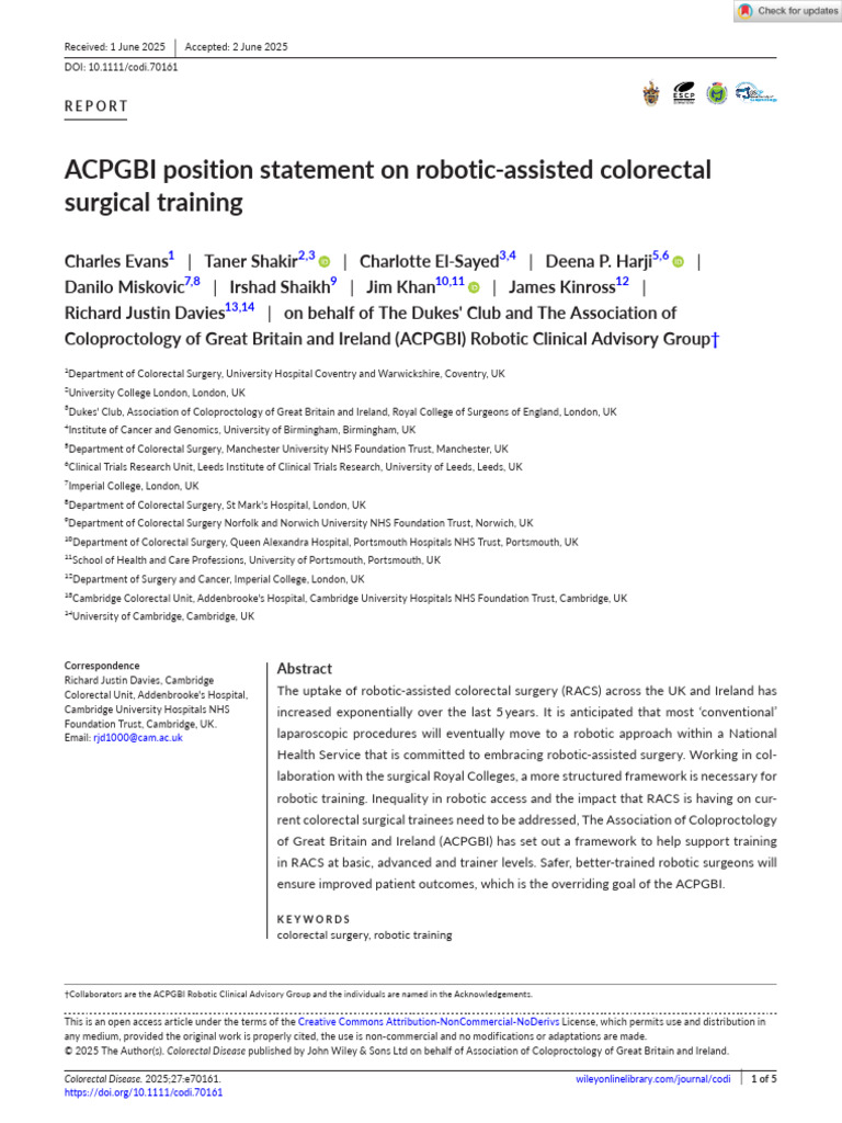 Colorectal Disease - 2025 - Evans - ACPGBI Position Statement On ...