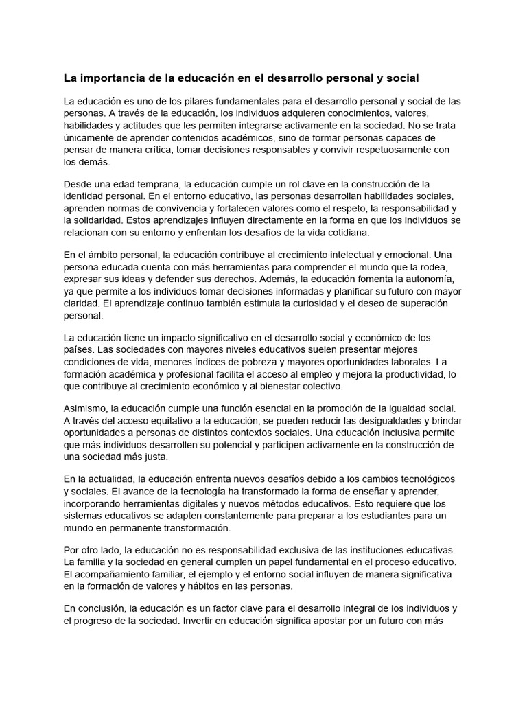 La Importancia de La Educación en El Desarrollo Personal y Social | PDF ...