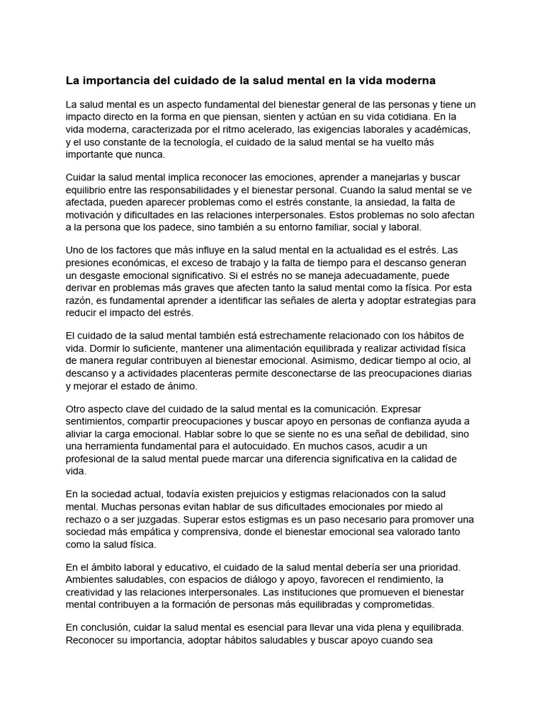 La Importancia Del Cuidado de La Salud Mental en La Vida Moderna | PDF ...