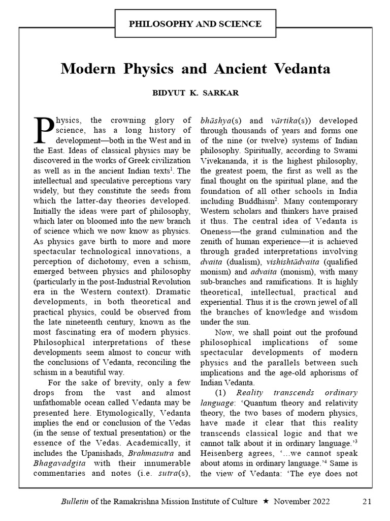 Modern Physics and Ancient Vedanta | PDF | Vedanta | Monism