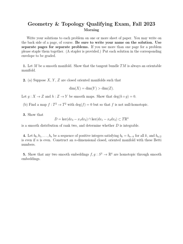 2023 Autumn Geometry & Topology Qual | PDF | Manifold | Topological Spaces