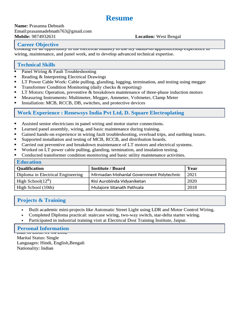 Resume: Career Objective | PDF | Electrical Wiring | Power (Physics)