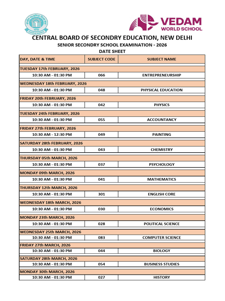 Customized Date Sheet - XII | PDF
