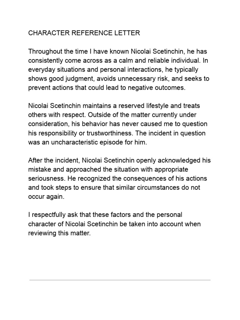 Character Reference Letter | PDF